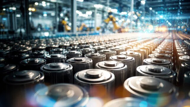 Rows of cylindrical battery cells inside manufacturing facility, rechargeable energy storage production, lithium supply chain, industrial automation, battery lifecycle
