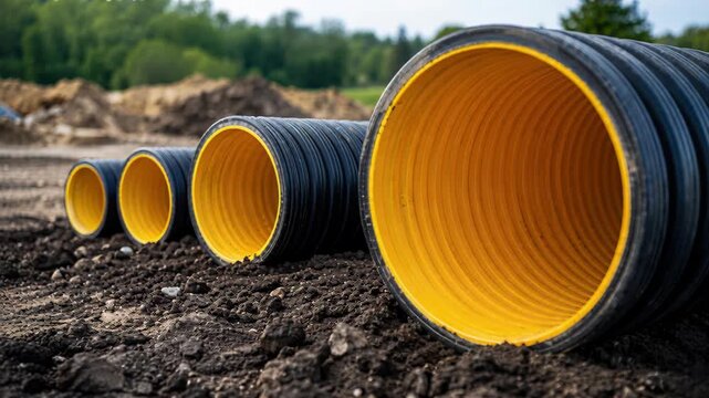 Corrugated drainage pipes prepared for underground installation, stormwater infrastructure, sewer construction, wastewater management, municipal pipeline project