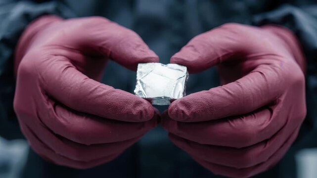Scientist holding lithium metal sample in protective gloves, battery material research for energy storage, electric vehicles, clean technology and advanced materials