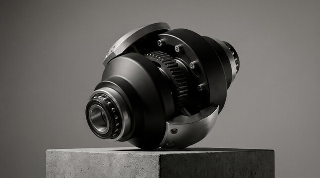 Matte black precision gear joint mechanical component with brushed aluminum accents on studio pedestal illustrating advanced engineering innovation, modern industrial hardware technology