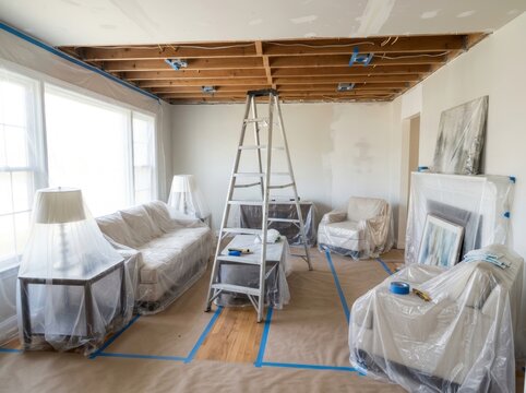 Living room with exposed ceiling joists and ladder undergoing interior renovation. Protection of furniture with plastic film during house remodeling. Home improvement and construction project.