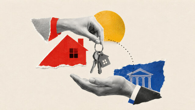 Handing over the keys as a mortgage completes, the moment a bank and a buyer exchange ownership of a home on the property market