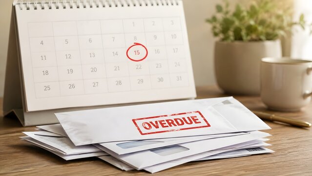 Overdue bill envelope on a wooden desk with a calendar highlighting a missed payment deadline in red circle
