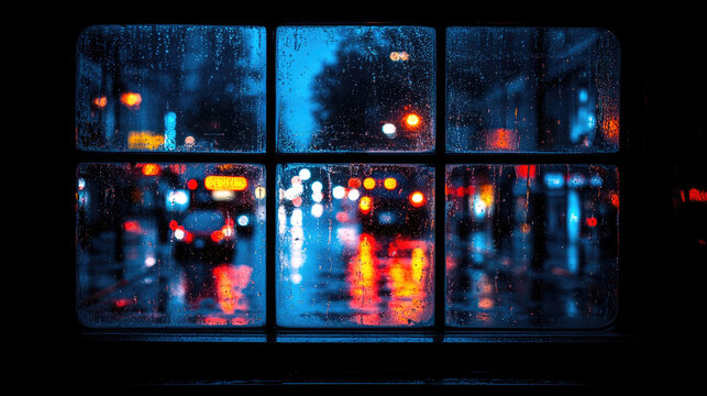 Rainy night city street view through window, blurred car lights and reflections on wet asphalt.