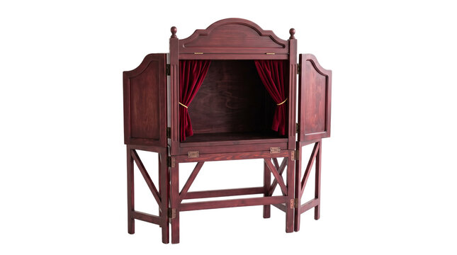 Antique Wooden Puppet Theater Stage with Red Velvet Curtains PNG Isolated on transparent background