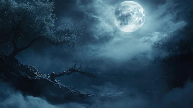 Moonlit night scene with mist and dark silhouette of tree and branch.