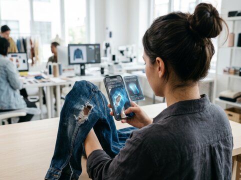 Woman fashion designer using mobile phone with augmented reality app to scan denim jeans. Clothing manufacture process in design studio. Innovative digital technology in textile industry.