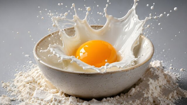 Dynamic splash of milk around a raw egg yolk in a ceramic bowl resting on a pile of white baking flour