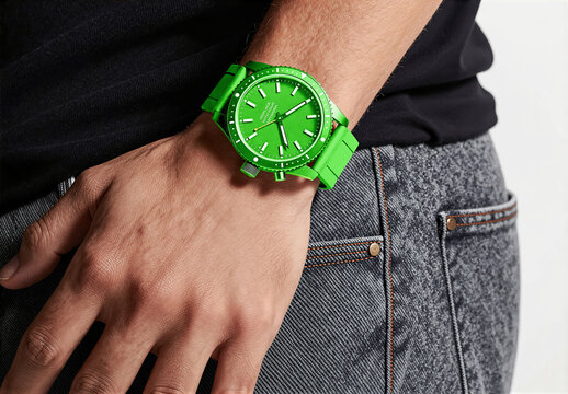 Diver-style watch mockup on a man's wrist with casual clothing, realistic product presentation for branding and graphic design, lifestyle accessory display t-shirt jeans, arm hand visible