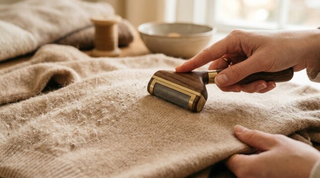 Woman using fabric shaver to remove pilling from beige sweater. Handheld device for garment care and maintenance. Repairing wool clothing to restore knit texture. Sustainable fashion concept.