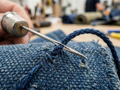 Person sewing heavy blue denim fabric with needle and thimble. Craftsperson working on textile repair project. Close up view of manual hand stitching process in creative workshop.