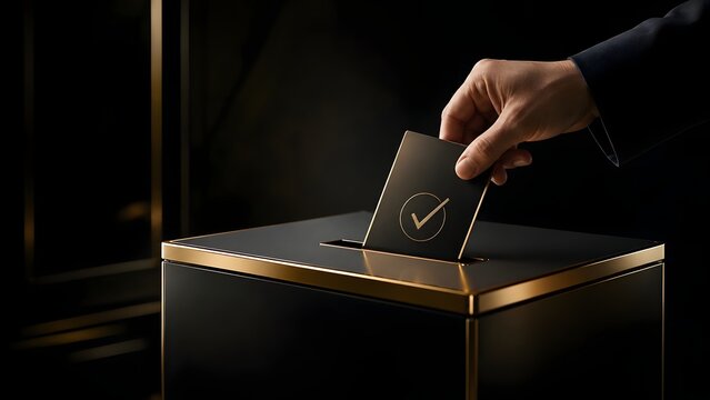 Businessman hand inserting a ballot with a golden checkmark into a luxurious black ballot box for voting and elections concept