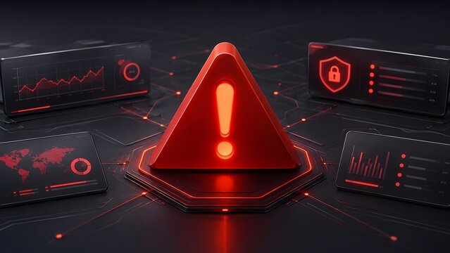 Futuristic digital dashboard displaying a red 3d warning triangle and cybersecurity threat alerts with glowing data charts