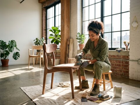 Woman carpenter sanding wooden chair in workshop. Professional furniture maker using sander tool for wood restoration. Creative hobby and craft business, interior design, home renovation.