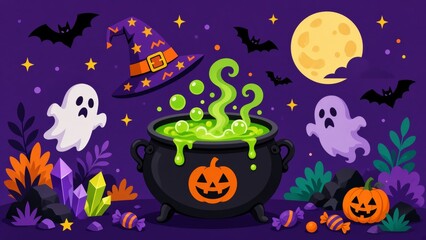 Fototapeta premium Halloween celebration with a black cauldron boiling a green potion, floating witch hat, cute ghosts, and jack o lanterns