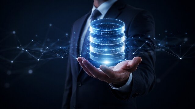 Businessman holding glowing futuristic database server cylinder for big data storage