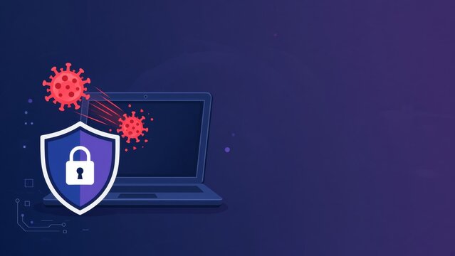 Shield protecting laptop from virus attack, ensuring cybersecurity and data privacy with firewall technology