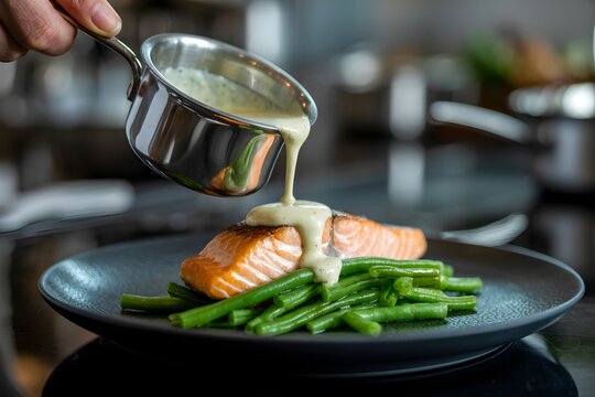 Chef pouring sauce over grilled salmon fillet with green beans, restaurant