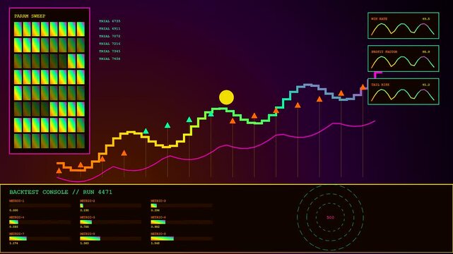 Sophisticated algorithmic trading interface displays complex financial data analytics on a dark digital dashboard with vibrant neon charts and fluctuating metrics for market performance monitoring