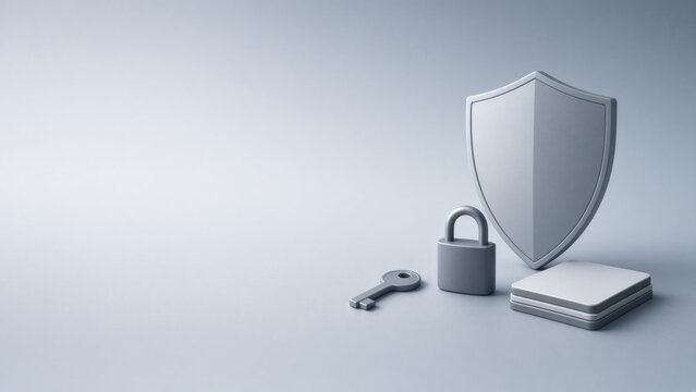 Cybersecurity shield protecting digital data with padlock, key, and server icon for online privacy