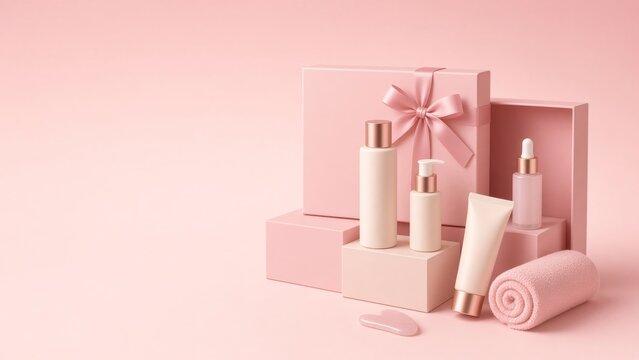 Cosmetic bottles, dropper, cream tube, gua sha, and rolled towel on pink pedestals with an open gift box
