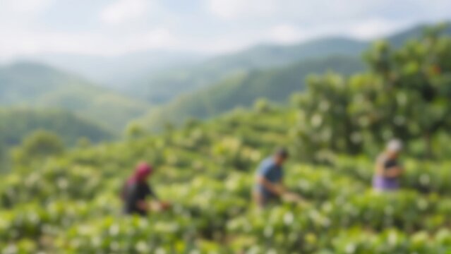 Farm workers harvesting tea leaves on lush green plantation hills in a natural blurred countryside setting