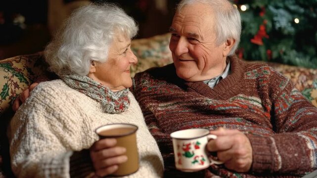 A cozy of a man and woman sharing a coffee cup and each other's company in a festive setting.
