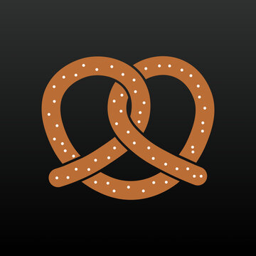 Pretzel icon, salted baked snack food symbol, traditional pastry sign, fast food vector illustration, bakery graphic design element isolated on dark background, culinary concept vector logo