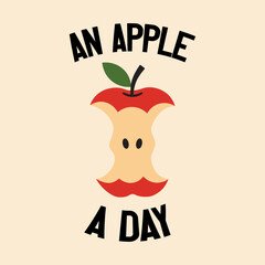 Naklejka premium An apple a day typography vector graphic with a bitten red apple illustration and bold black vintage lettering isolated on a solid beige background for health and wellness advertising