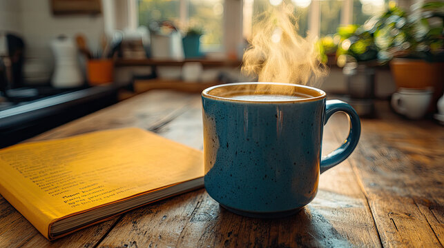 Steaming Blue Mug of Coffee on Rustic Wooden Table Next to Yellow Notebook, Morning Light