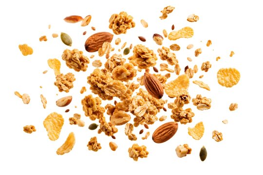 A dynamic, flying explosion of crunchy granola, corn flakes, whole almonds, pumpkin seeds, and flaxseeds isolated against a solid white background.