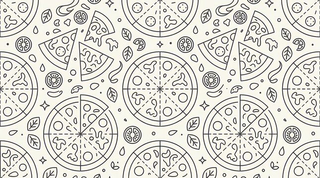 Line Art Geometric Pizza Pattern Seamless Background with Modern Minimalist Ingredients including Cheese Tomato Basil and Pepperoni for Restaurant Branding pizza pattern background cheese geometric