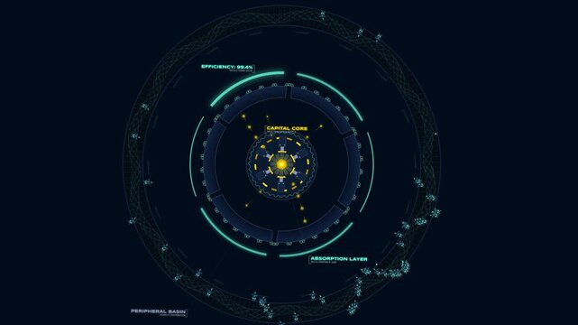 Futuristic HUD interface displaying a macroeconomic trickle down ecosystem with capital core and absorption layer nodes