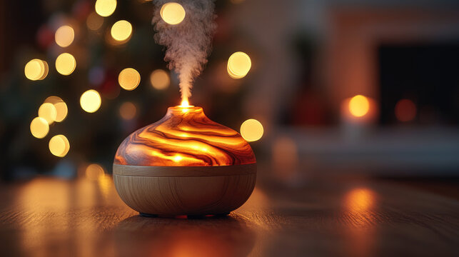 Aromatherapy diffuser emitting steam with warm glowing light, blurred festive Christmas tree bokeh background, cozy home ambiance
