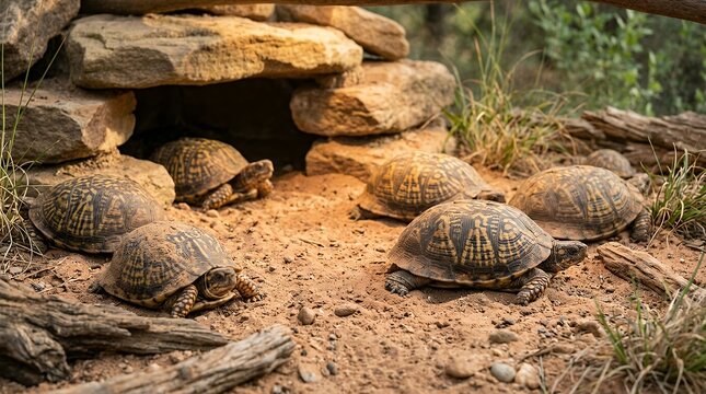 Reptiles Resting in Warm Sandy Habitat Featuring Patterned Shell Texture and Sheltered Rock Space turtle turtles reptile shell sand sanctuary habitat nature warm lighting shelter rock pattern wild