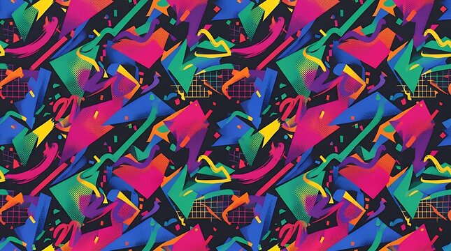 Vibrant Retro Abstract Shapes Continuous Pattern In Eighties Aesthetic Dynamic colorful geometricrepeat design ideal for creative packaging textiles and printed collateral background seamless