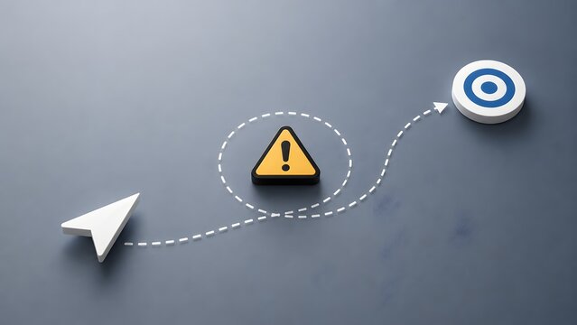 White 3D directional arrow navigating a looping path around a yellow warning triangle to reach a blue target bullseye conceptualizing risk avoidance.
