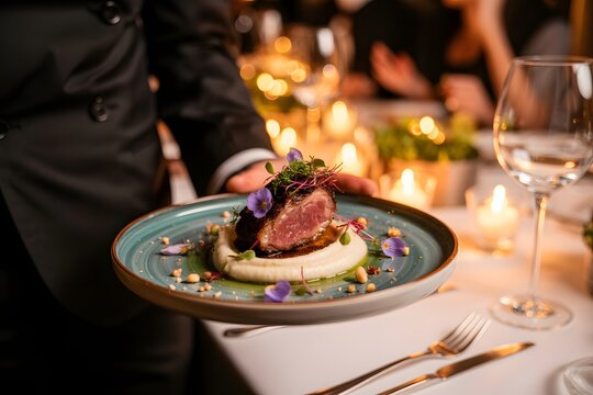 Waiter serving gourmet dish at restaurant dinner event with candle lights