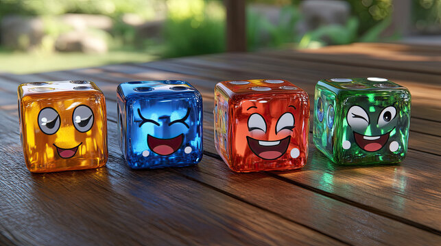 Four cheerful, cartoon-faced, translucent dice in vibrant colors (orange, blue, red, green) arranged on a wooden surface with a blurred garden background.