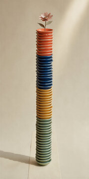 Vertical photo of a tall stack of colorful ceramic bowls topped with a small flower. Precarious tower of fragile dishes demonstrating balance and tension