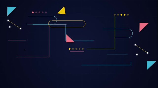 Abstract geometric flow chart with colorful triangles on dark background.