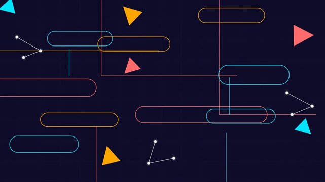Colorful abstract flowchart design on dark background with geometric shapes.