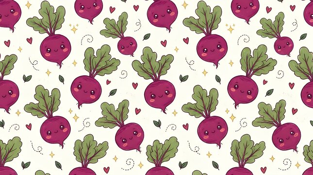 Cute kawaii doodle beet root seamless pattern hand drawn cartoon texture background beet beetroot seamless pattern kawaii doodle cute cartoon texture vegetable hand drawn food organic kids children