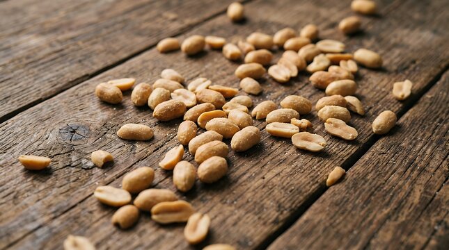 Crunchy Salted Roasted Peanuts Scattered Over Rustic Brown Timber Surface Backdrop roasted salted peanuts peanut nuts nut snack food wooden wood background backdrop rustic timber table surface board