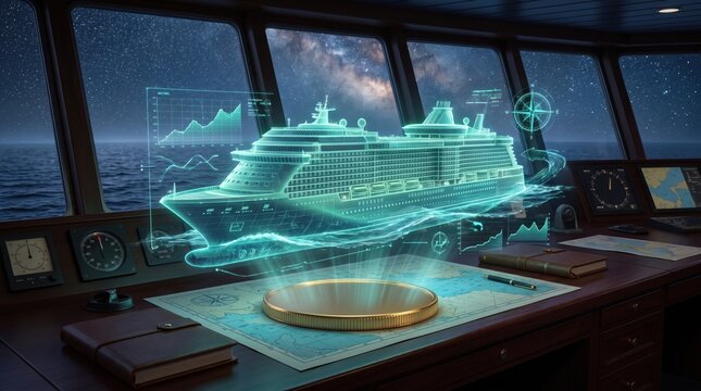 Futuristic Cruise Ship Hologram Projection in Maritime Command Center at Night