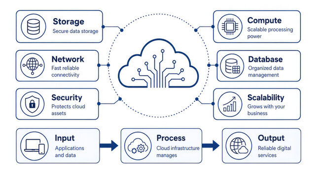 Cloud computing ecosystem infographic with six key functions