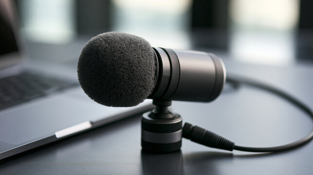 Portable microphone connected to a laptop, representing modern podcasting, audio recording, communication, and digital content creation for online media broadcasting