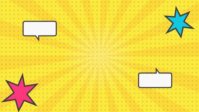 Colorful comic book style background with speech bubbles and stars.