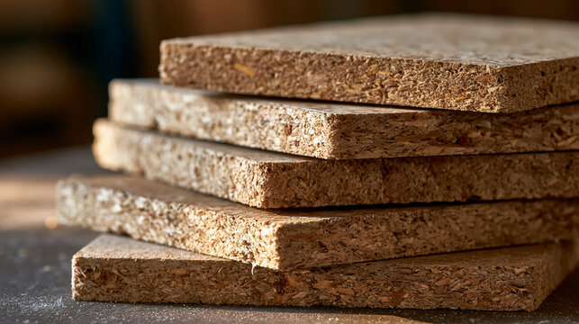 Stack of particle board sheets ready for construction, woodworking, and furniture manufacturing, showing raw chipboard material texture and layers