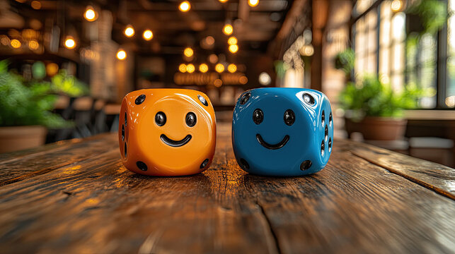 Two cute smiley face dice, orange and blue, on a rustic wooden table in a cozy cafe with bokeh lights.